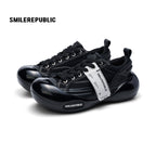 Black Canvas Chunky Sneakers with Oversized Rounded Toe, Low Top Lace Up Shoes