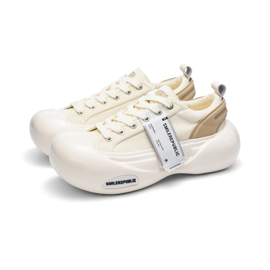 Cream White Canvas Chunky Platform Sneakers, Unisex Low Top Lace Up Shoes
