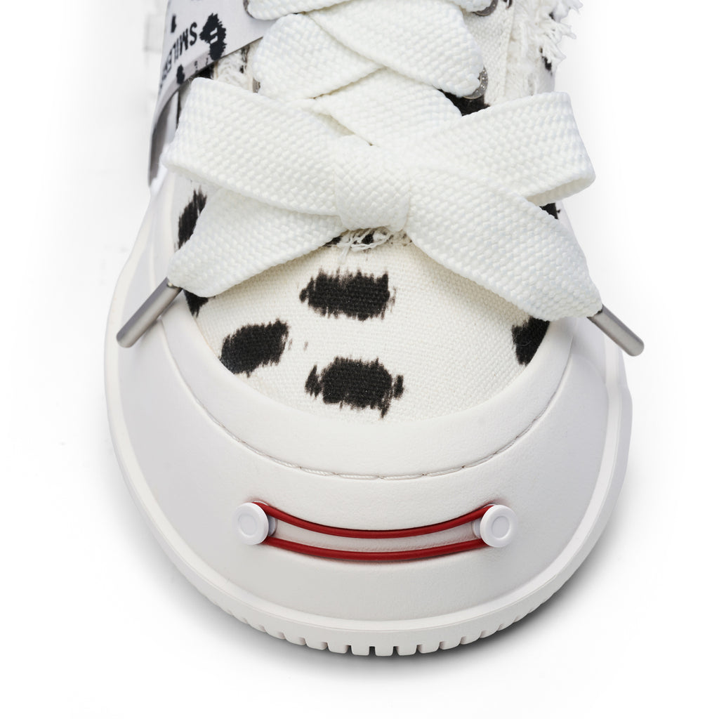 Black and White Spotted Canvas Platform Sneakers with Replaceable Smile Toe Design