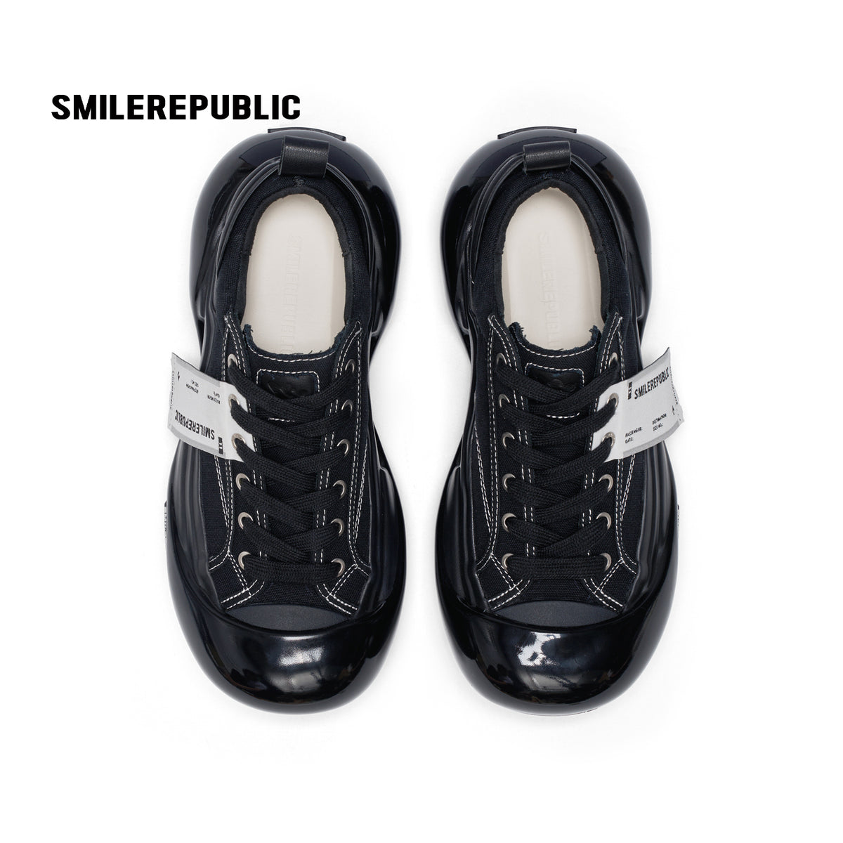 Black Canvas Chunky Sneakers with Oversized Rounded Toe, Low Top Lace Up Shoes