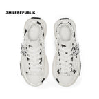 White Black Dalmatian Print Frayed Low Top Platform Sneakers, Unisex Shoes
