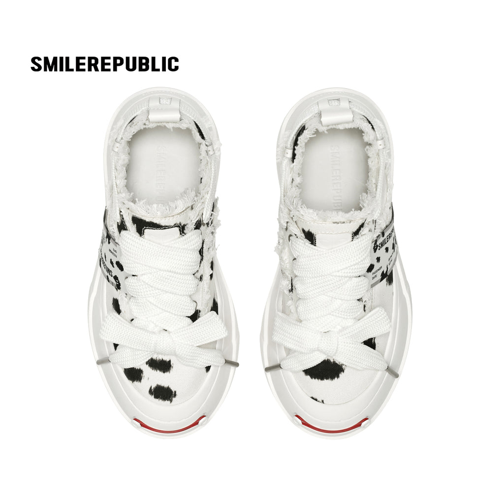 Black and White Spotted Canvas Platform Sneakers with Replaceable Smile Toe Design
