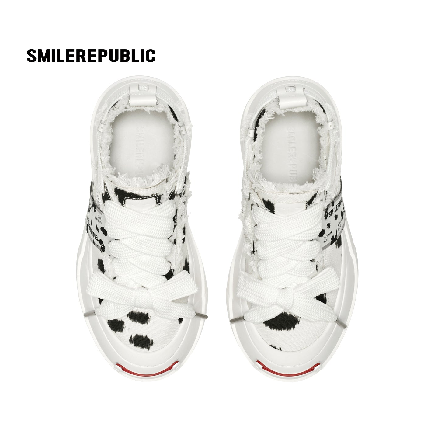 Black and White Spotted Canvas Platform Sneakers with Replaceable Smile Toe Design