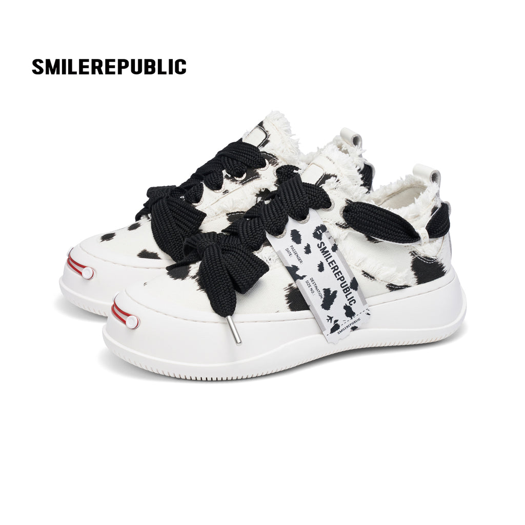 Black and White Spotted Canvas Platform Sneakers with Replaceable Smile Toe Design