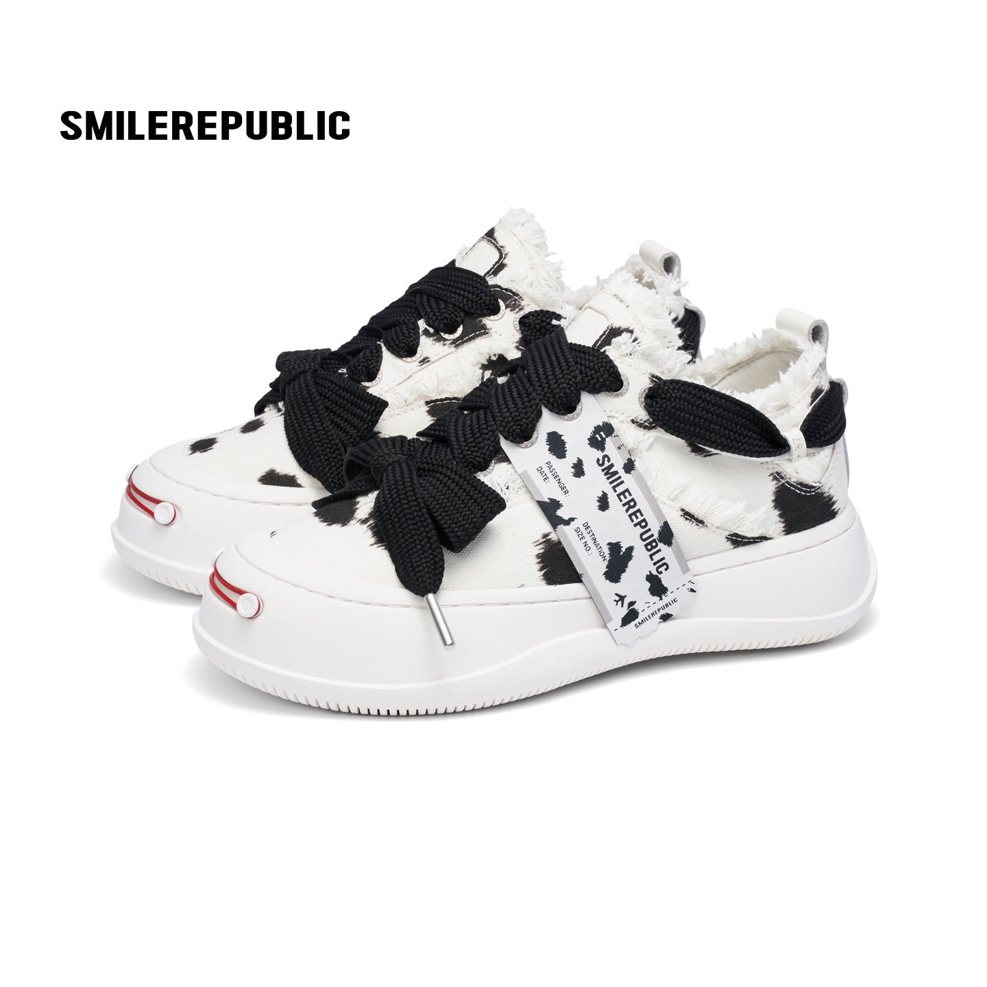 Black and White Spotted Canvas Platform Sneakers with Replaceable Smile Toe Design