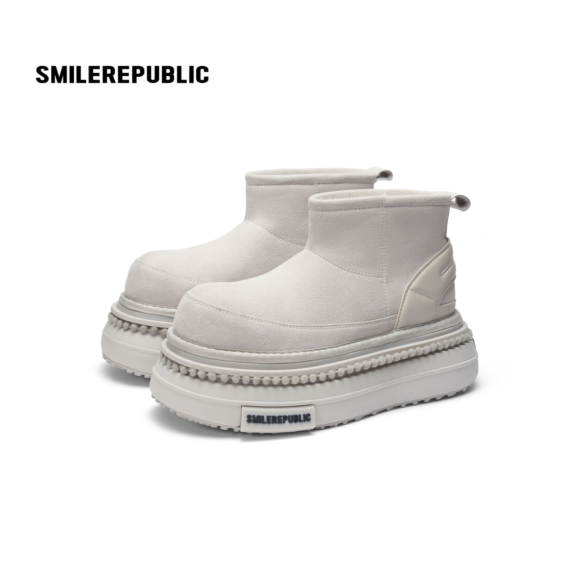 Off White Faux Suede Platform Snow Boots, Women's Ankle Boots with Chunky Sole