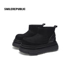 Black Suede Platform Ankle Snow Boots with Chunky Soles and Faux Fur Lining