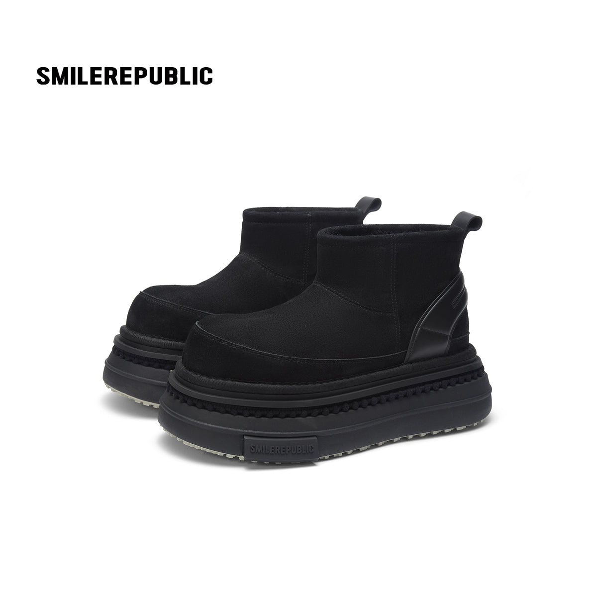 Black Suede Platform Ankle Snow Boots with Chunky Soles and Faux Fur Lining