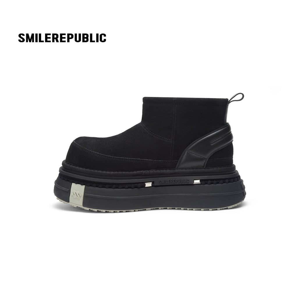 Black Suede Platform Ankle Snow Boots with Chunky Soles and Faux Fur Lining