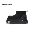 Black Suede Platform Ankle Snow Boots with Chunky Soles and Faux Fur Lining