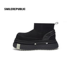 Black Suede Platform Ankle Snow Boots with Chunky Soles and Faux Fur Lining