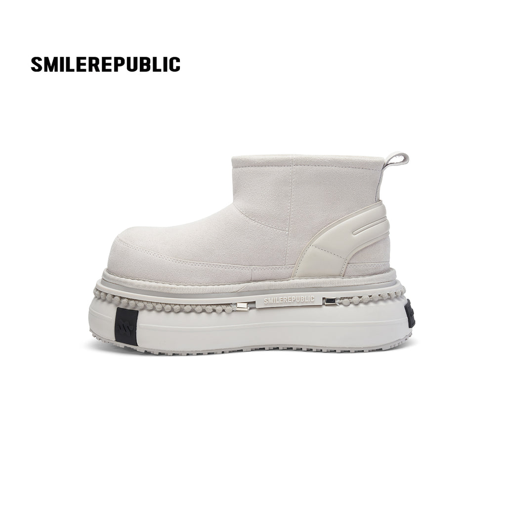 Off White Faux Suede Platform Snow Boots, Women's Ankle Boots with Chunky Sole