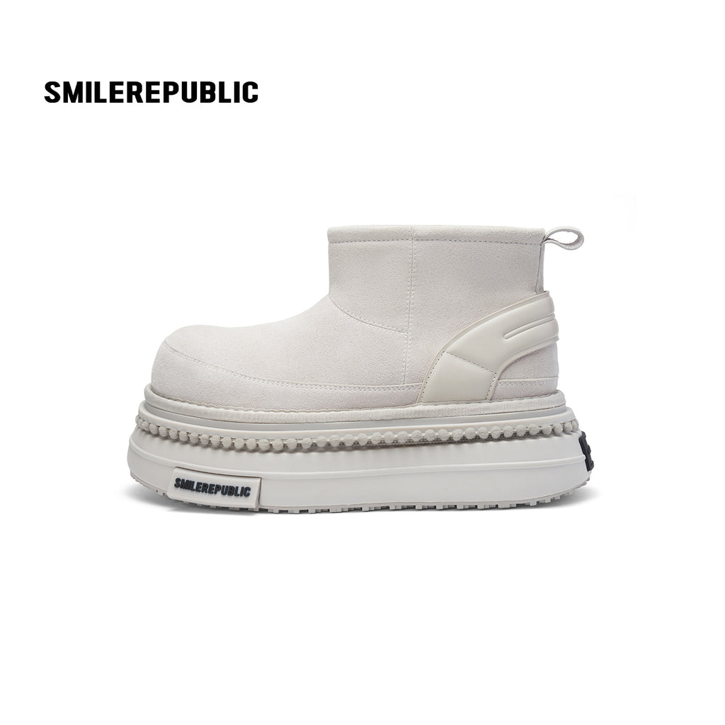 Off White Faux Suede Platform Snow Boots, Women's Ankle Boots with Chunky Sole