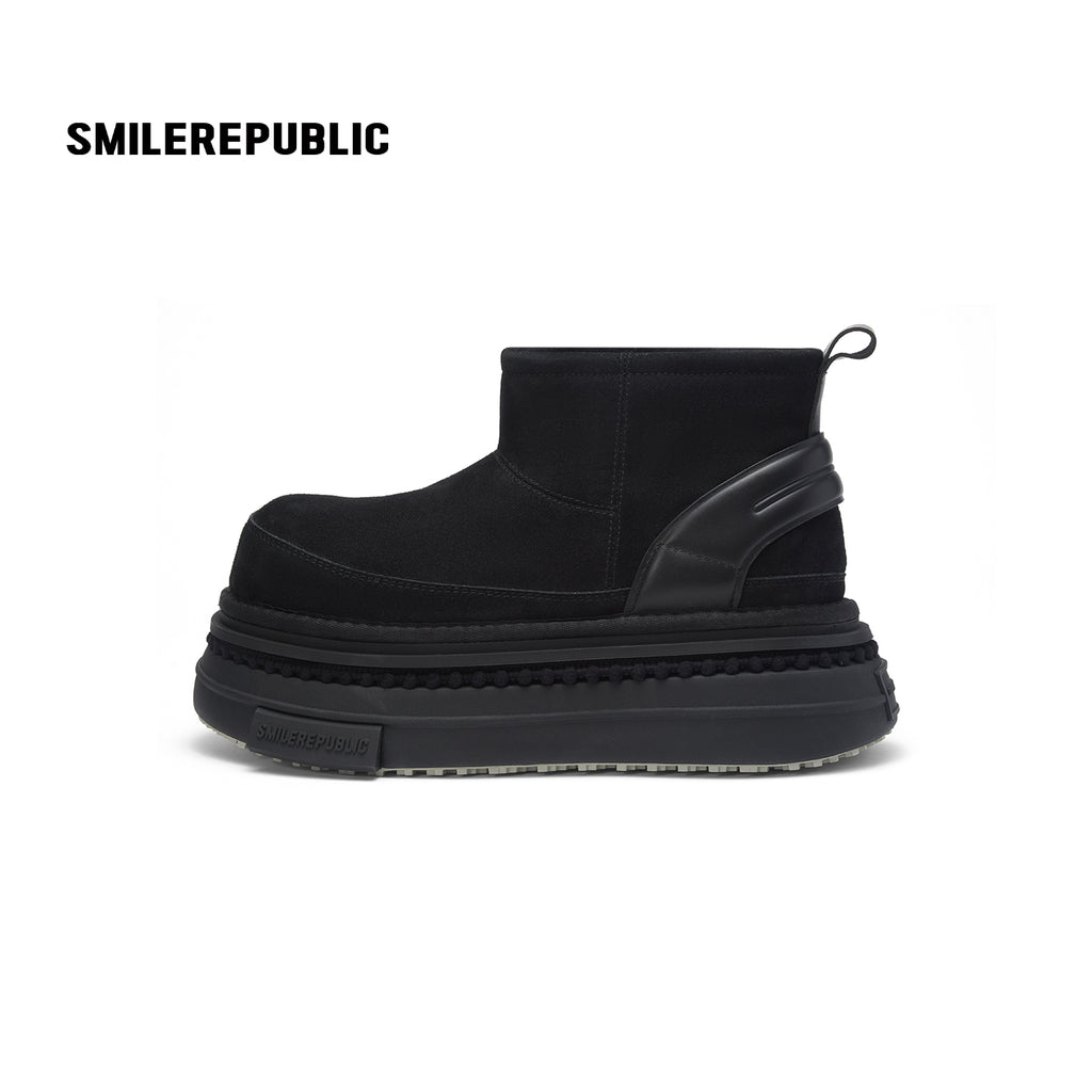 Black Suede Platform Ankle Snow Boots with Chunky Soles and Faux Fur Lining