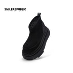 Black Suede Platform Ankle Snow Boots with Chunky Soles and Faux Fur Lining