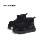 Black Suede Platform Ankle Snow Boots with Chunky Soles and Faux Fur Lining