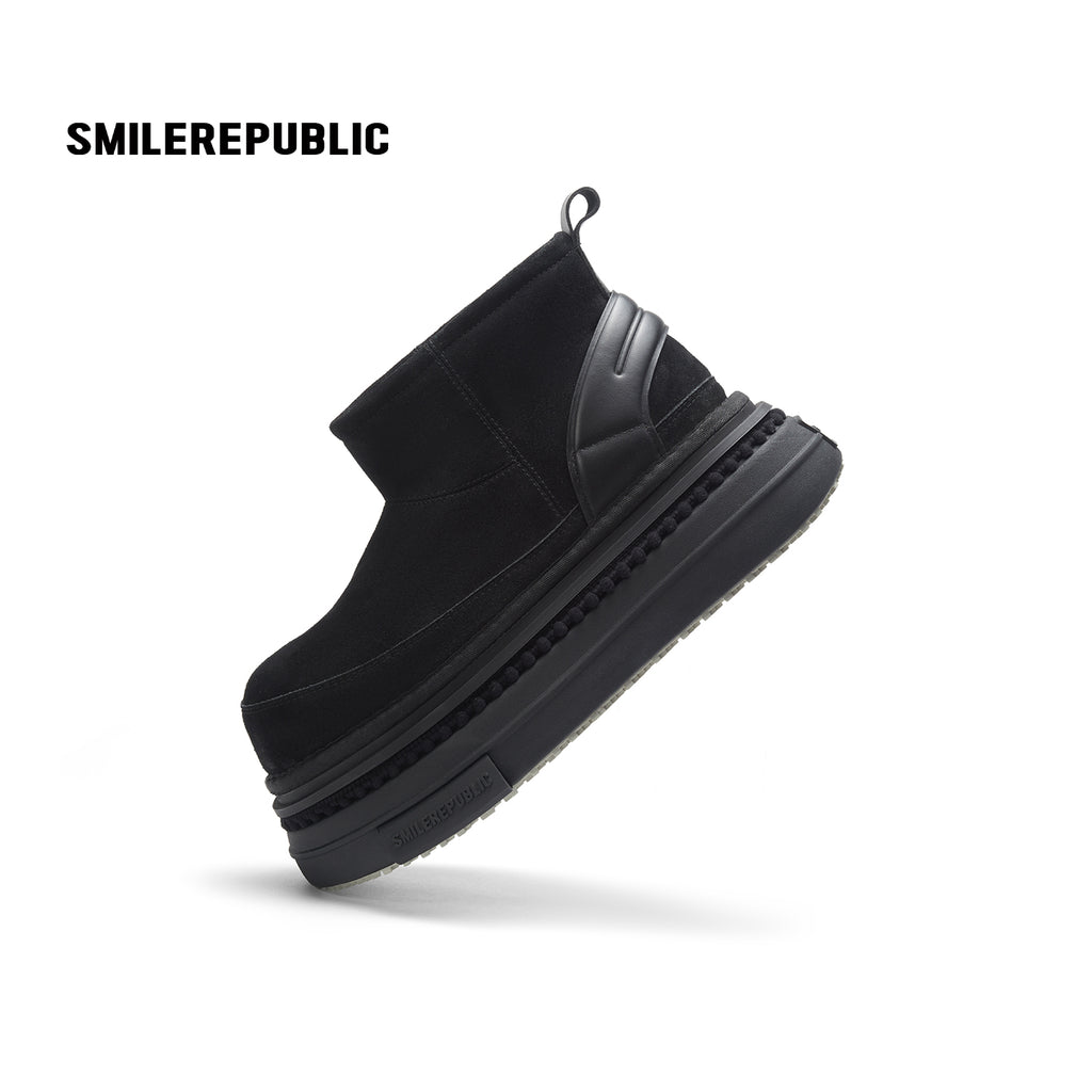 Black Suede Platform Ankle Snow Boots with Chunky Soles and Faux Fur Lining