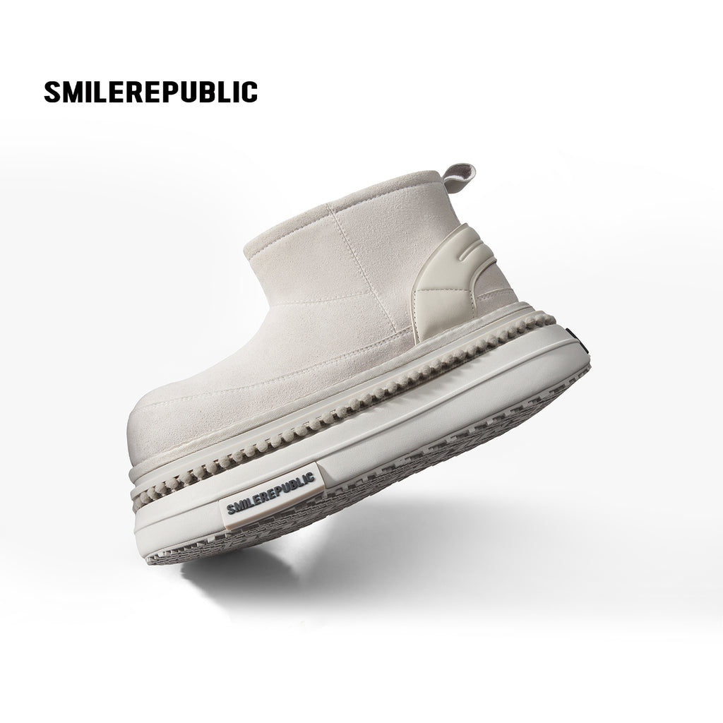 Off White Faux Suede Platform Snow Boots, Women's Ankle Boots with Chunky Sole