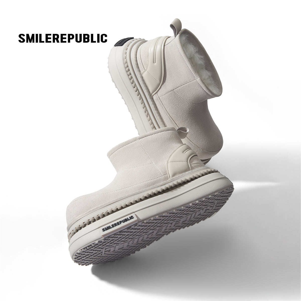 Off White Faux Suede Platform Snow Boots, Women's Ankle Boots with Chunky Sole