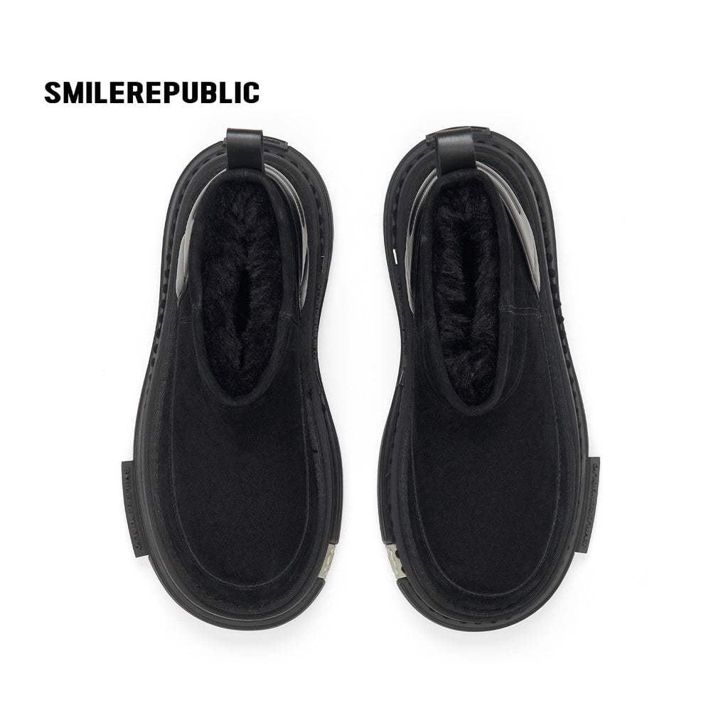 Black Suede Platform Ankle Snow Boots with Chunky Soles and Faux Fur Lining