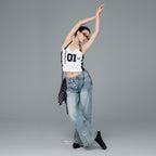 Women's Colorblock Mesh Tank Top with Side Drawstring Detail, Casual Streetwear Sleeveless Top