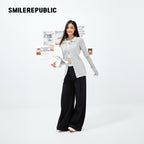 Gray Polyester Blend Ribbed Knit Embroidered Logo Fitted Button-Front Collared Cardigan for Women