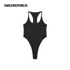 Black Polyester Spandex Racerback Thong Bodysuit, Sleeveless Logo Fitted One Piece Top for Women