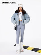 Light Blue Denim Cropped Puffer Jacket with 90% White Duck Down Fill and Plush Stand Collar