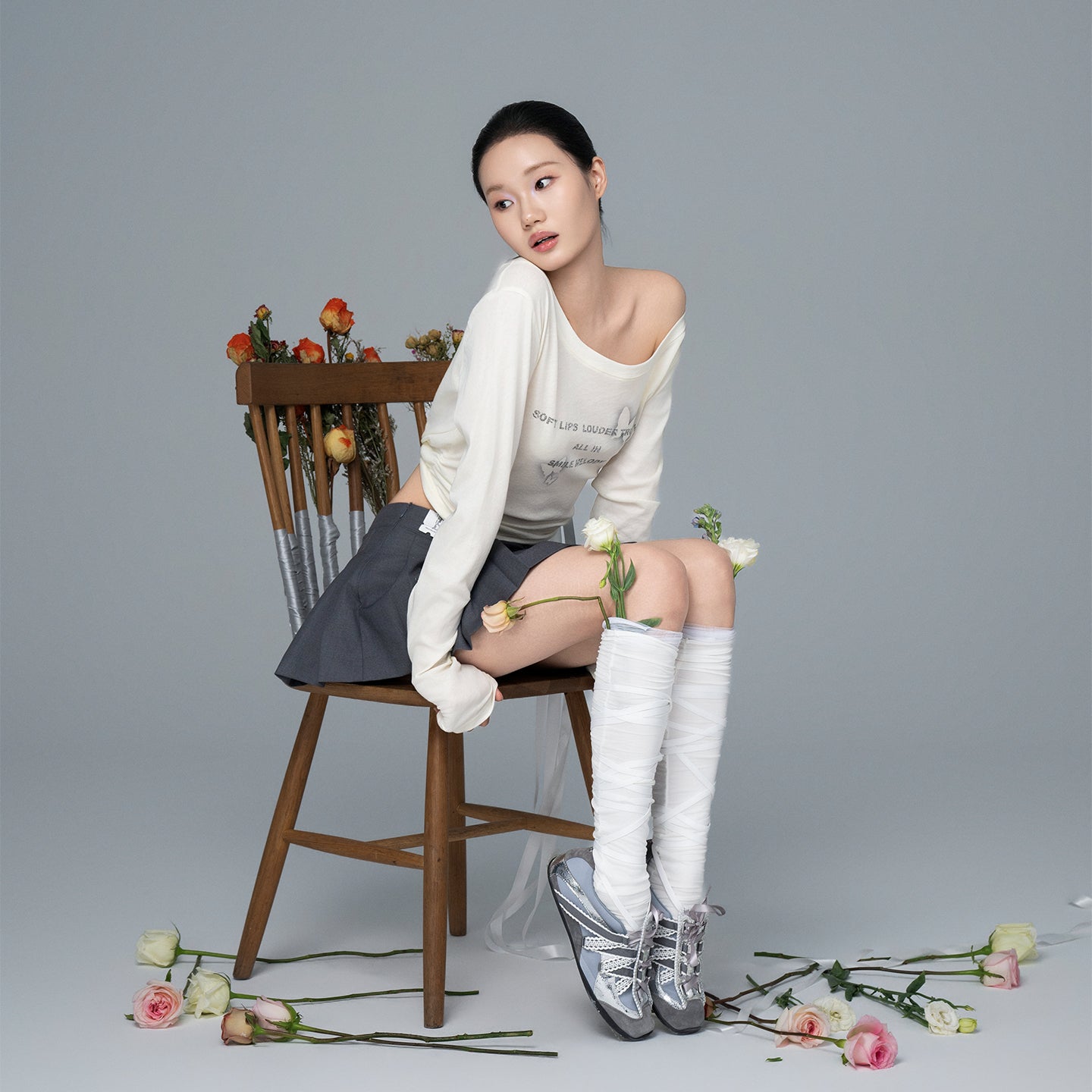 Gray Polyester Viscose Blend Pleated Mini Skirt with Side Tie and Logo Detail for Women