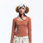 Brown Gray Slim Fit Nylon Spandex Long Sleeve Casual Top for Women, Stretchy Fitted Everyday Shirt