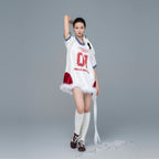 White Polyester Colorblock V-Neck Number Graphic Jersey Top with Removable Feather Trim for Women