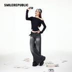 Black Rhinestone Embellished Cotton Blend Asymmetrical Off-Shoulder Long Sleeve Knit Top for Women
