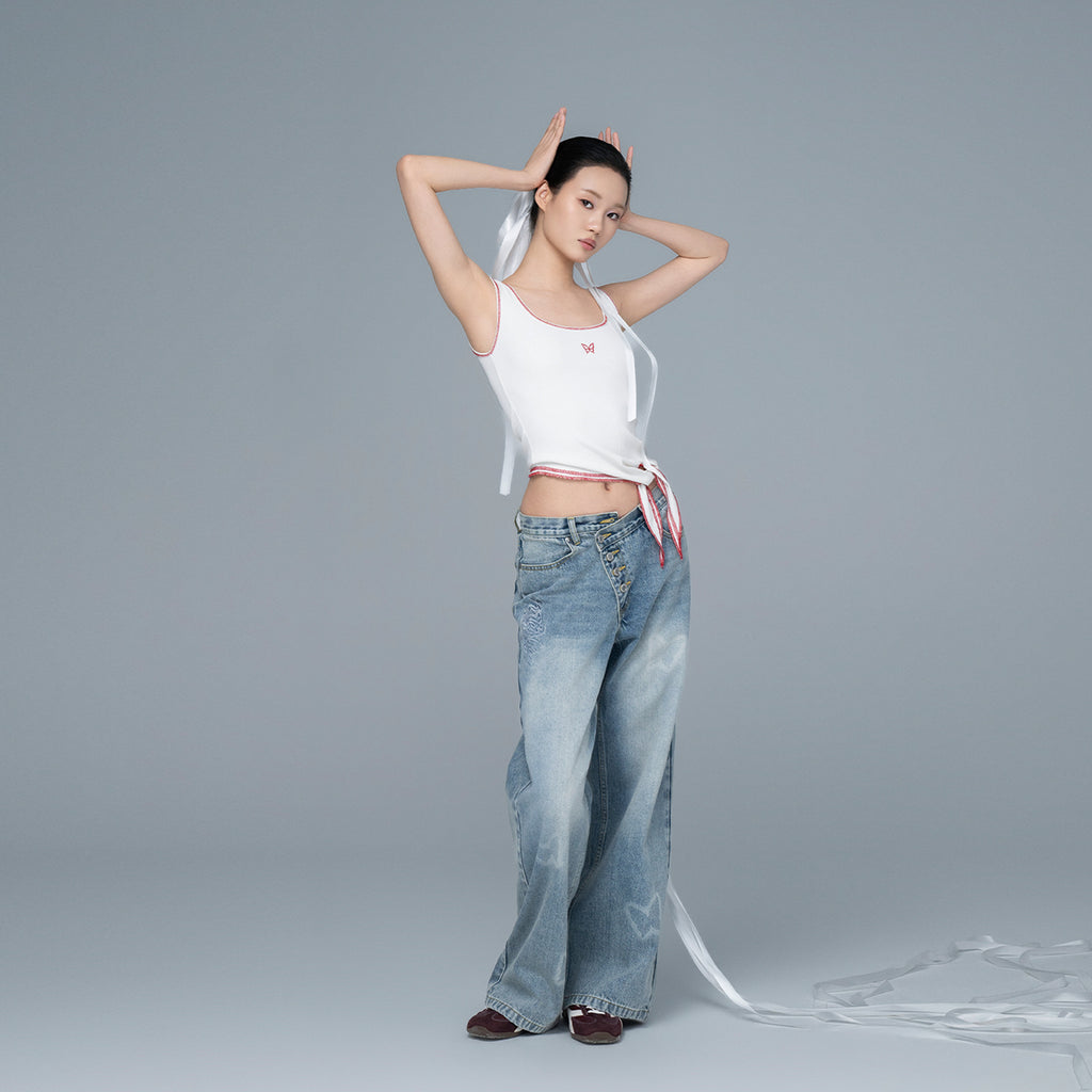 White Ribbed Contrast-Stitch Asymmetric Tie-Hem Tank Top with Butterfly Embroidery