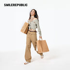 Khaki 100% Cotton Double Waistband Barrel Leg Casual Pants with Logo Detail