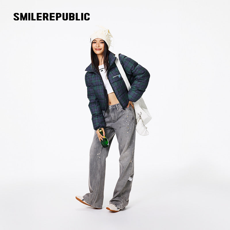 Dark Navy Plaid Polyester 90% White Duck Down Cropped Full Zip Puffer Jacket with Stand Collar