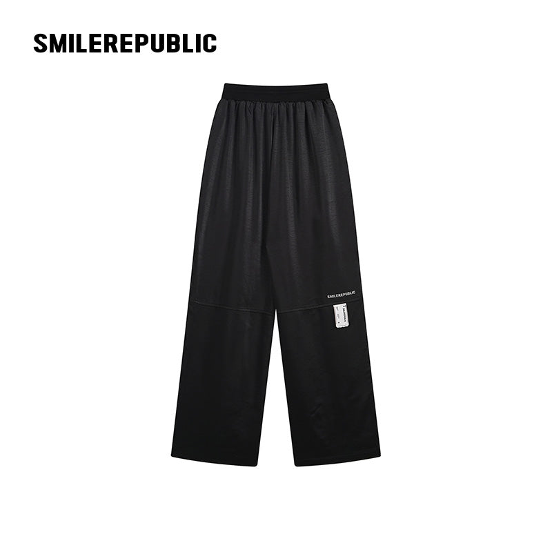 Black Satin Polyester Wide Leg Drawstring Pants with Elastic Waist and Logo Detail