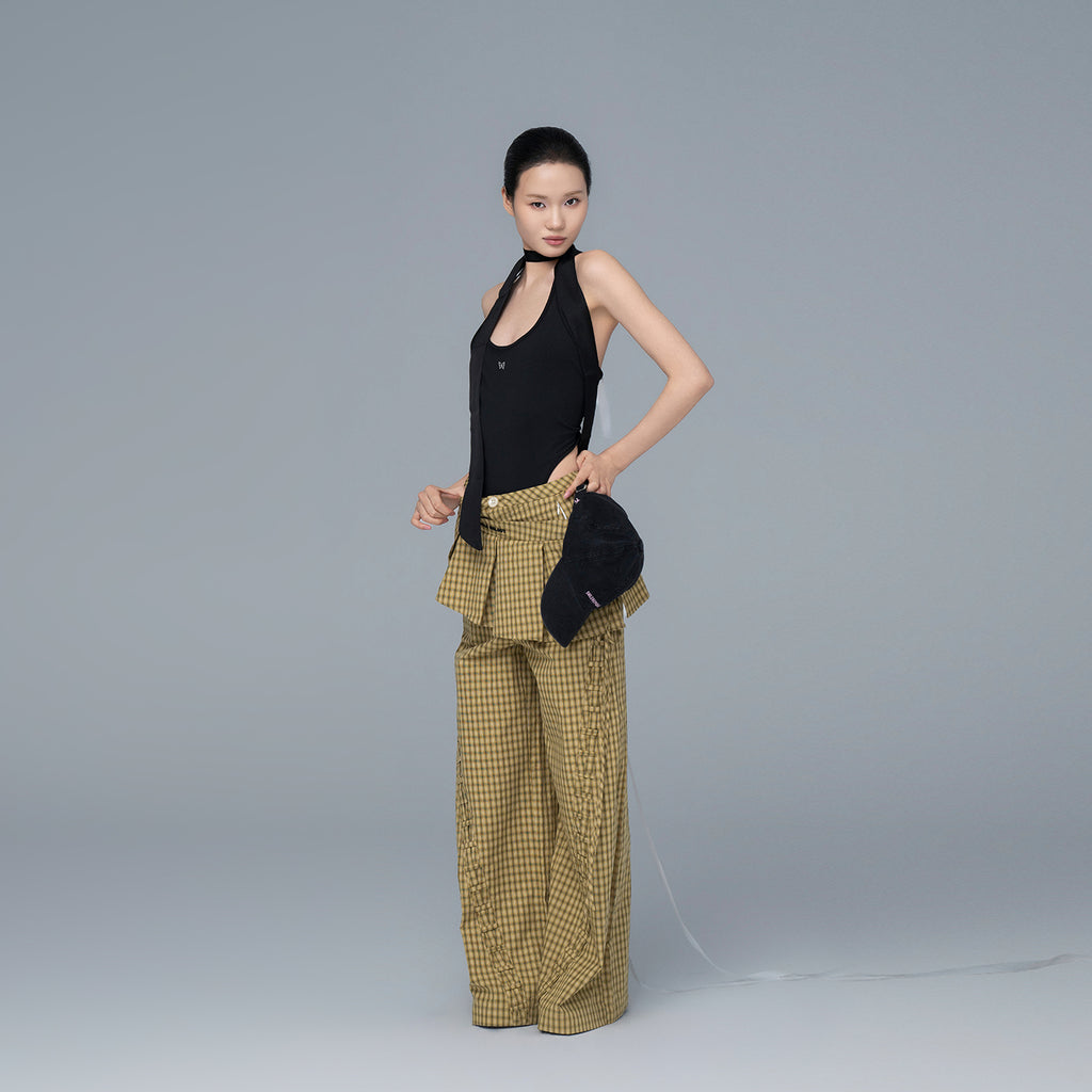 Yellow and Black Plaid 100% Cotton Wide-Leg Pants with Removable Pleated Skirt Overlay for Women