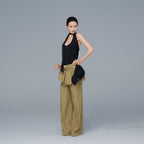 Yellow and Black Plaid 100% Cotton Wide-Leg Pants with Removable Pleated Skirt Overlay for Women