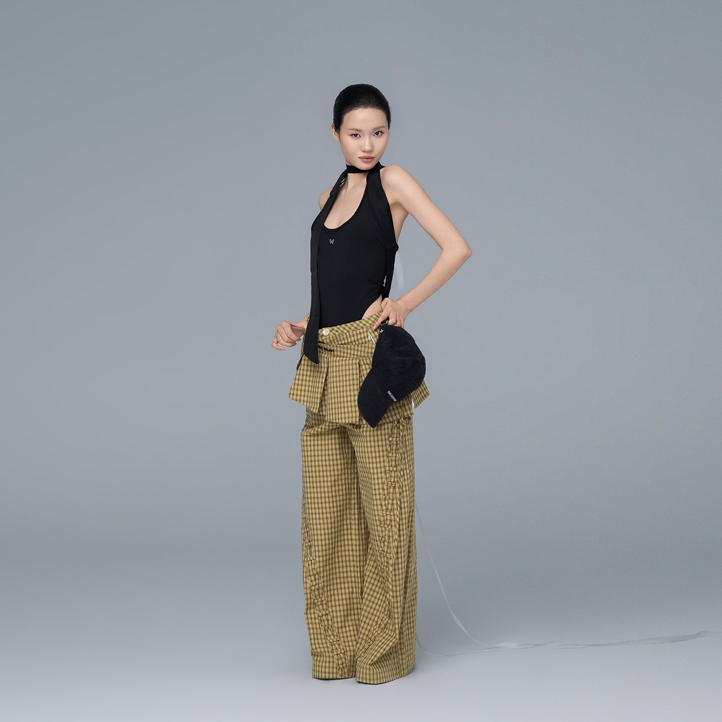 Yellow and Black Plaid 100% Cotton Wide-Leg Pants with Removable Pleated Skirt Overlay for Women