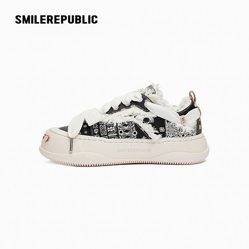 Black & White Paisley Tweed Low-Top Platform Sneaker