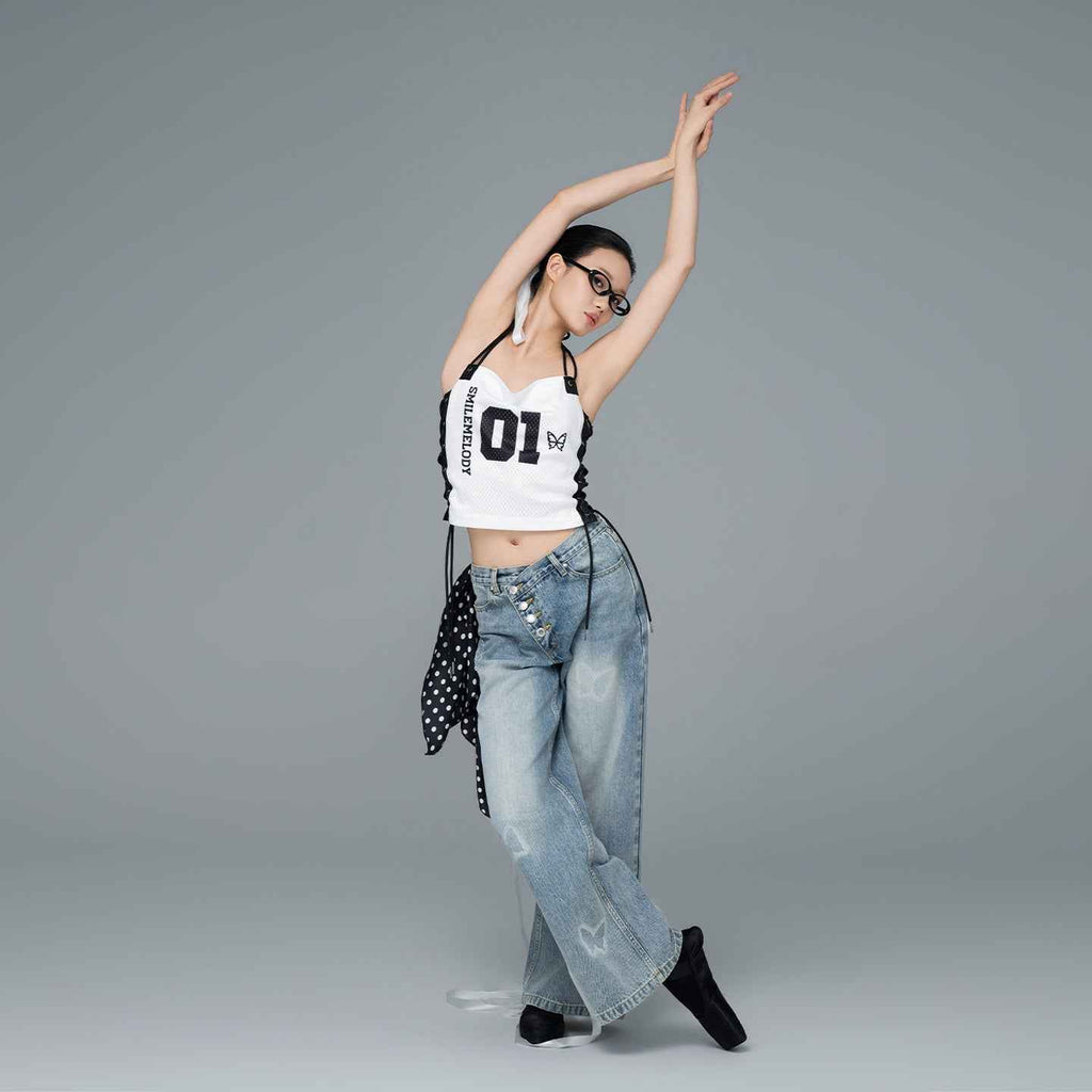 Blue Washed Cotton Denim Butterfly Graphic Wide-Leg Jeans with Asymmetric Waistband for Women
