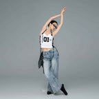 Blue Washed Cotton Denim Butterfly Graphic Wide-Leg Jeans with Asymmetric Waistband for Women