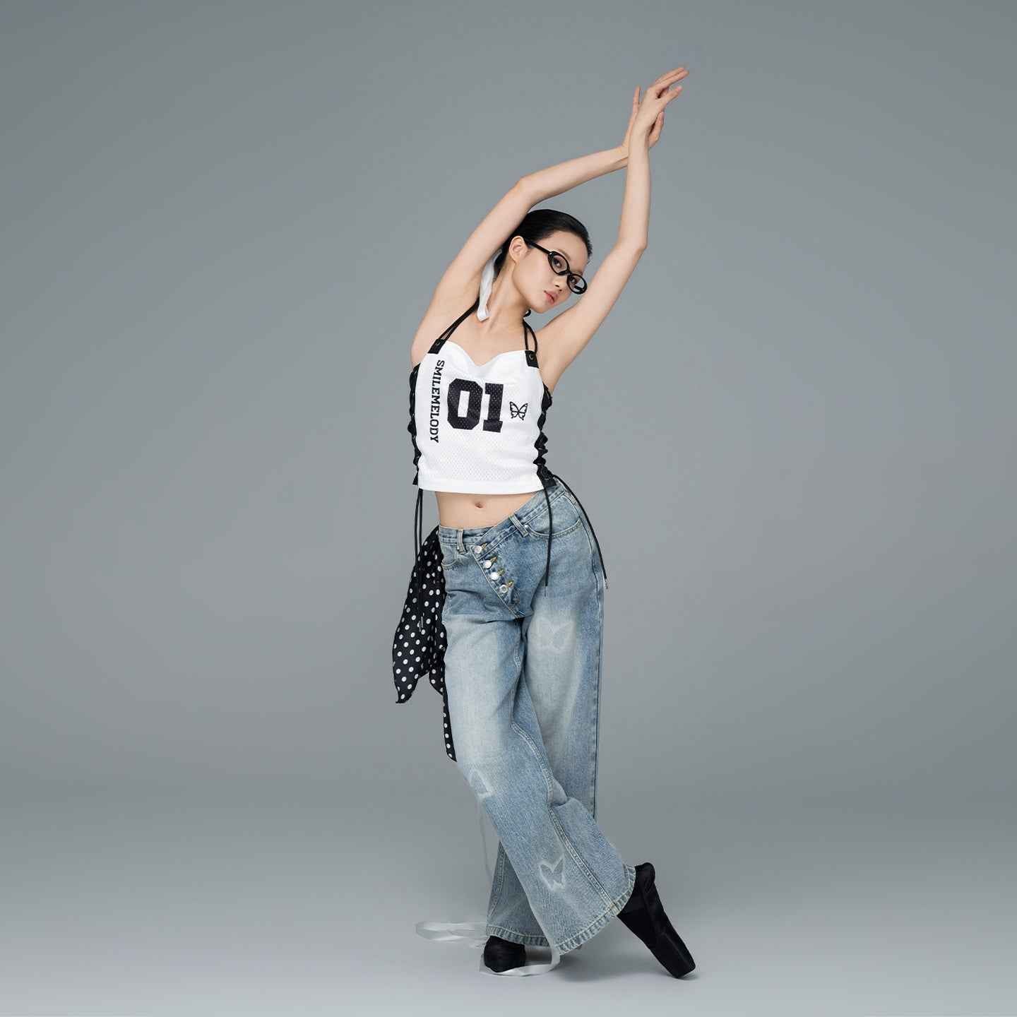 Blue Washed Cotton Denim Butterfly Graphic Wide-Leg Jeans with Asymmetric Waistband for Women