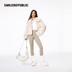 Mottled Khaki/Cream Acrylic Blend Faux Fur Cropped Zip Jacket with Back Logo Embroidery