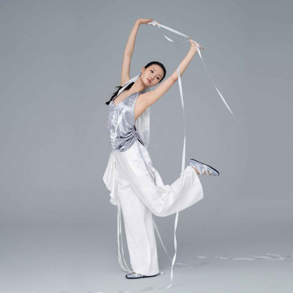 Gray Polyester Blend Sporty Graphic Halter Tank Top with Open Back and Side Drawstrings for Women
