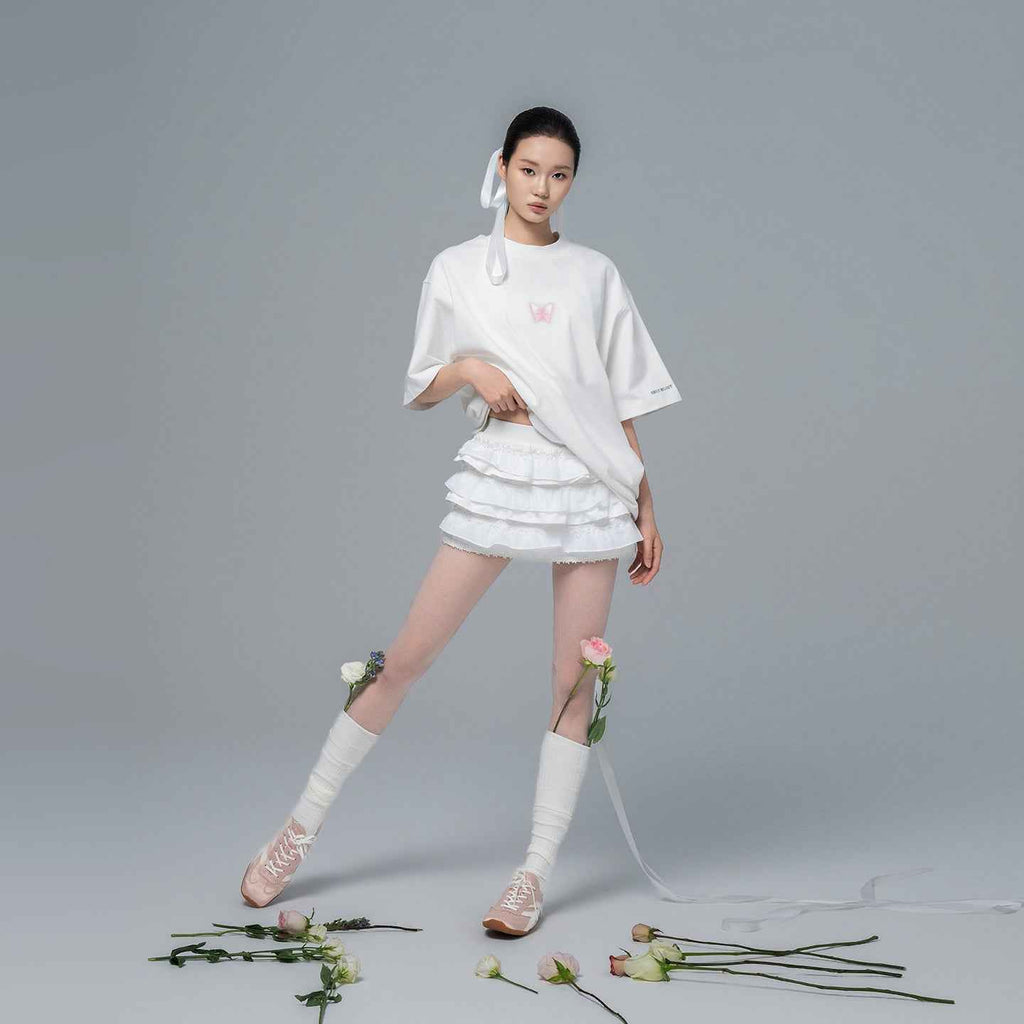 White Lace-Trim Tiered Ruffle Mini Skirt with Ribbed Elastic Waistband for Women