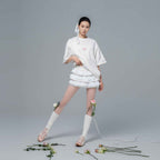 White Lace-Trim Tiered Ruffle Mini Skirt with Ribbed Elastic Waistband for Women