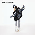 Black Navy and White PU Coated Faux Leather Color Block Butterfly Graphic Stand Collar Zip Jacket
