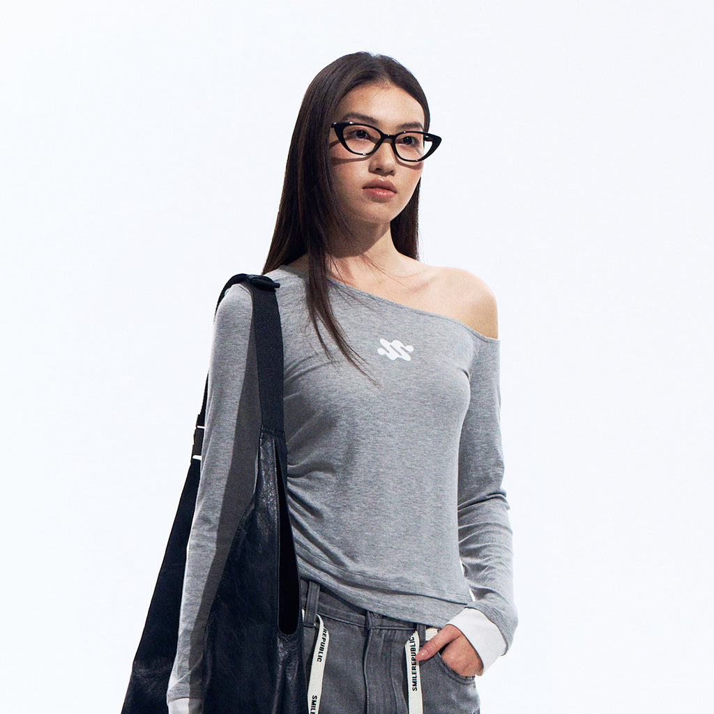Gray One Shoulder Stretch Top with Viscose Blend Fabric for Women