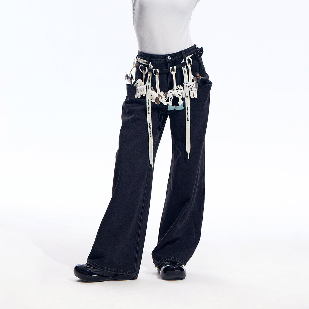 Black Washed Wide Leg Jeans with Adjustable Waist Straps and Relaxed Fit Design